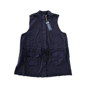 NWT Whoa, Wait. Womens Size L Navy Casual Cinch Waist Cargo Linen Blend Vest